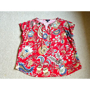 Womens Top-CHAPS RALPH LAUREN-red/blue/brown floral cotton blend cap slv-XL